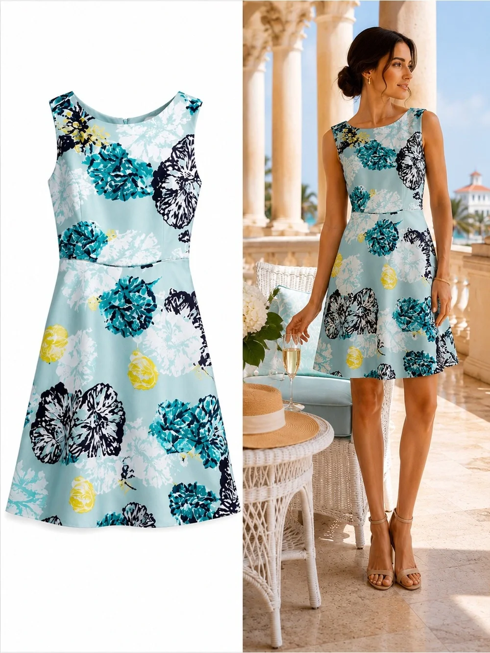 J.Crew 100% Silk Watercolor Floral A-Line Dress Blue Teal Yellow Sleeveless Sz 4